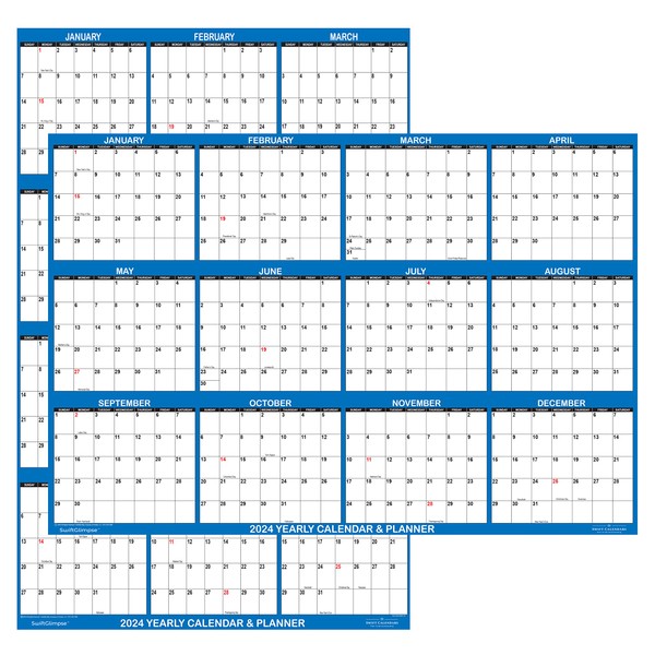 24" x 36" SwiftGlimpse 2024 Wall Calendar Erasable Large Wet & Dry Erase Laminated 12 Month Annual Yearly Wall Planner, Reversible, Horizontal/Vertical, Navy