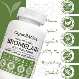 Bromelain Digestive Enzyme for Gut Health, 500mg Bromelain Capsules, Pineapple Stem Bromelain Digestive Enzymes For Women and Men. Papaya Enzymes For Healthy Digestion, Non-GMO, Vegan friendly, Free of Gluten, Soy & Dairy (60 Count (Pack of 1))