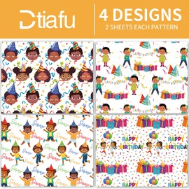 Dtiafu African American Birthday Wrapping Paper Black Kids Gift Wrap Paper Bulk Cute Balloons Hats Banners Designs for Black Boys Girls Birthday Baby Shower - 20 x 28 Inch Per Sheet (8 Sheet)