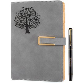 Tree of Life Refillable Writing Journal For Women & Men Faux Leather Hardcover Notebook A5 College Ruled 200 Lined Pages Lay-Flat Personal Diary With Pen & Magnetic Buckle (Tree of Life - Grey)