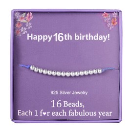 Birthday Gifts for 16th Girls Bracelet Silver Beads 16 Years Old Beads Bracelet on Cord Jewellery for Teen Girls With Cards Box and Gift bag