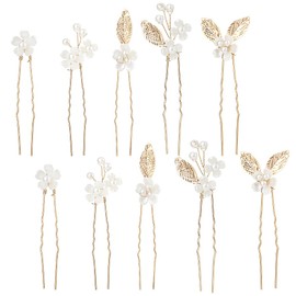 CABODYALS 10 Stück Haarnadeln Mit Goldenen Blumen Und Perlen Kopfschmuck Set Glitzernd Goldenes Blumenblatt Perlen Strass Dekorative Haarspange In U Form Für Frauen Hochzeit Braut Abschlussball Party