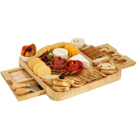 MegaChef Bamboo Charcuterie Cheese Board Set with Ramekins & Slide Out Cutlery