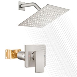Heyalan Shower Head and Handle Set Square Shower Faucet Set Bathroom Rainfall Shower System Stainless Steel Showerhead Single Function Shower Trim Kit,Female Thread Valve,Brushed Nickel