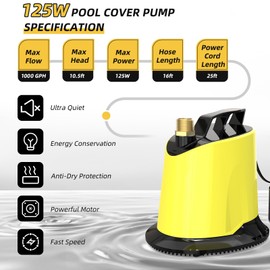AgiiMan Sump Pump - 125W 1000GPH Submersible Water Pump with 16ft Drainage Hose, 25ft Extra Long Power Cord & 4 Hose Adapters, Water Pump for Basements, Pool Fountains, Hot Tub, Garden Pond, Yellow