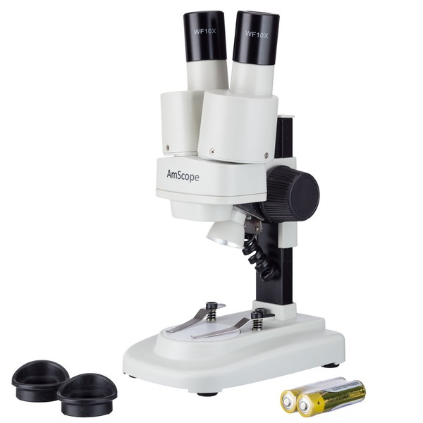 AmScope Kids SE100Z-LED Portable Binocular Stereo Microscope, WF10X and WF20x Eyepieces, 20X and 40X Magnification, 2X Objective, LED Light Source, Reversible Black/White Stage Plate, Battery-Powered