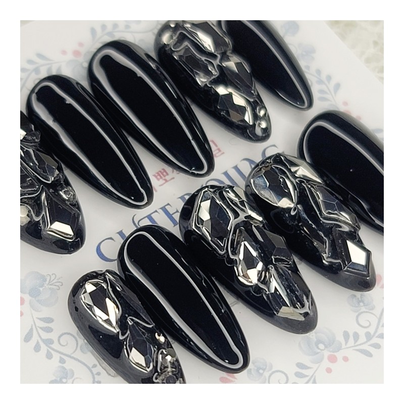 All black full stone handmade nail tips - Almond S