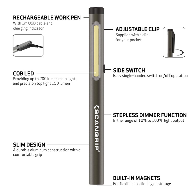 Scangrip Work Pen 200 R, Rechargeable LED Penlight, 200 Lumen,