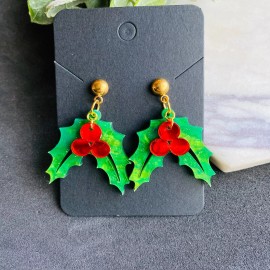 Lamora jewelry Christmas MISTLETOE Holly Leaf Earrings Glitter Green Red Holiday Gift for women