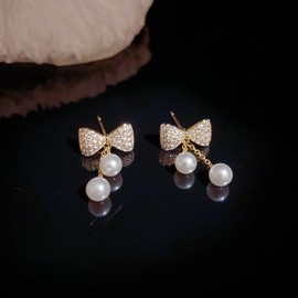 YDSURE Women's Bowknot Diamond Earrings, Simple Design, Dangling Metallic Allergies, Ring Earrings, 18K Gold, Sparkling, 925 Silver, 925 Metal, Hypoallergenic, Pearl, Simple Earrings, Women's