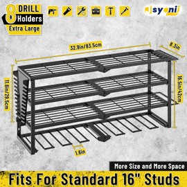 jsyonii Heavy Duty Power Tool Organizer Wall Mount, Cordless Drill Hanger Storage Rack, Battery Tool Holder Utility Rack with Side Wrench Rack for Garage Workshop-32 Inch 8 Slots