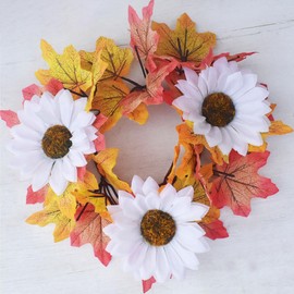 1pcs 9.8" Candle Rings Artificial Flower Wreath Fall Autumn Harvest Maple Leaf with White Sunflowers–Thanksgiving Table Centerpiece, Front Door, Harvest Festival Home Decor