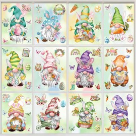 Easter Window Clings 12 Sheets, Spring Easter Gnome Window Decals Stickers, Removable Easter Egg Bunny Window Decorations for Glass Windows Holiday Home School Office Decor