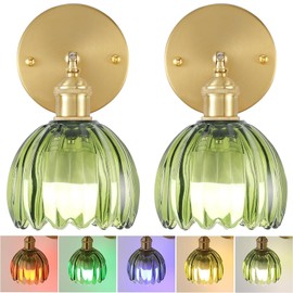 femusytt Wireless Battery Operated Wall Sconces Set of Two, Rechargeable Wall Lights with Green Tulip Glass Shade Remote Vintage Gold RGB Mood Wall Lamp for Bedroom Bedside Kids Room