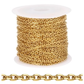 [33 FT] 18K Gold PVD Plated Rolo Cable Chains Bulk for Jewelry Making, 2mm 304 Stainless Steel Diamond-Cut Oval Cable Links Chains Roll Spool for DIY Craft Jewelry Making