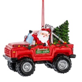 The Bridge Collection Santa Driving a Red Monster Truck Ornament - Santa Claus Off-Roading in Big Red Truck