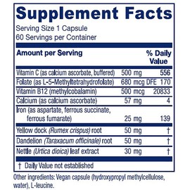 Vitanica Iron Extra, Iron Supplement Enhanced Absorption with Vitamin C 500mg, Methylfolate 400mcg, B12 Vitamin 500mcg, Calcium, Yellow Dock, Dandelion Root & Nettle Leaf Extract, Vegan, 60 Capsules