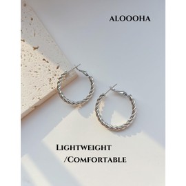 Aloooha 14K Gold Plated Hoop Earrings for Women,Lightweight Twisted Braided Hoop Earrings,Hypoallergenic 925 Sterling Silver Post,Trendy Design,Comfortable Daily Wear(Silver,30mm)