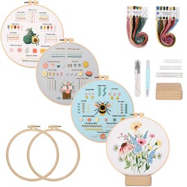 Embroidery Kit for Beginners,4 Sets Embroidery Kits for Adults,Full Embroidery Hoop Kit with Needles and Thread Included Cross Stitch Kit Easy to Follow Instruction and Video (Skill Practice + Flora4)