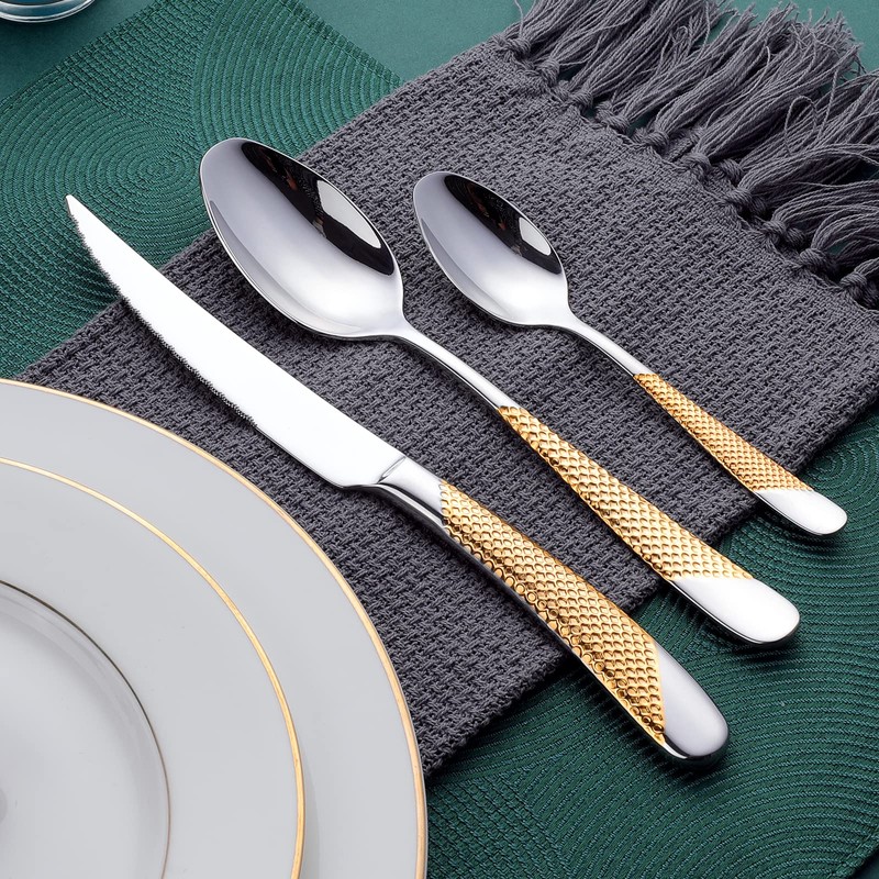 Hammered Silver Gold Silverware Set, OGORI 24-Piece 18/10 Stainless Steel