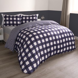 OHS Blue Double Duvet Set, Gingham Reversible Bedding Double Bed Set Decorative Luxury Plaid Check Duvet Covers with Pillowcases Super Soft Comfy Quilt Bedding, Navy Blue