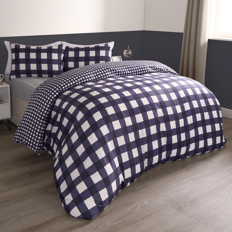 OHS Blue Double Duvet Set, Gingham Reversible Bedding Double Bed