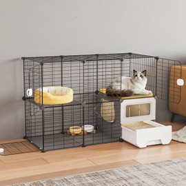 Oneluck Cat Cage Indoor with Litter Box 2-Tier DIY Cat Playpen Detachable Metal Wire Kennel Crate Large Exercise Place Ideal for 1-2 Kitten,Black