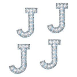 sourcing map 10 Pcs Iron on Letter Patches, Letter J Rhinestone Alphabet Applique Rhinestone Pearl English Letter Sewing Patches for Clothing Hats Jeans Shoes DIY Craft, White/Blue