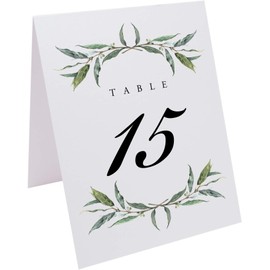 Laurel Wreath and Greenery Wedding Table Numbers, 1-15, Double Sided, Tent or Use in a Stand, Great for Parties & Restaurants - Made in the USA