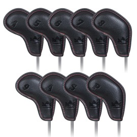 Golf Iron Cover Magnet Wedge Cover Club Head Cover Set 9pcs (4-9,P,A,S) Index Number Black Synthetic Leather
