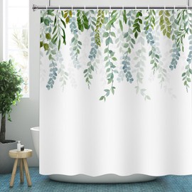 YISURE Shower Curtain Green Eucalyptus Leaves 220 cm Height, Polyester Plant Natural Fabric Bathtub Textile Washable with Weight for Bathroom Width 200 x Height 220 cm