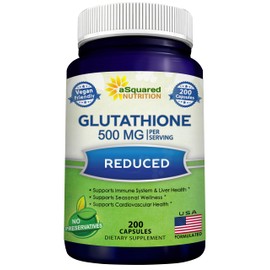 aSquared Nutrition Reduced Glutathione 500mg Per Serving Supplement -200 Capsules -L-Glutathione Antioxidant to Support Liver Health & Detox - Max Strength Powder Pills to Help Immune & Brain Function