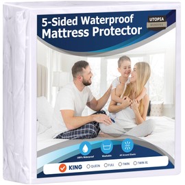 Utopia Bedding Waterproof 5-Sided Mattress Protector King Size, Premium Breathable Mattress Cover, Fitted Style with Stretchable Pockets (White)