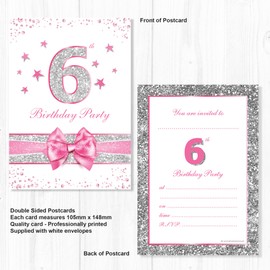 Olivia Samuel 20 x 6th Birthday Party Invitations from Pink Sparkly Design and Photo Effect Silver Glitter - A6 Postcard Size with envelopes