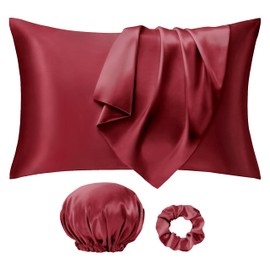 Seiwohl Satin Pillowcases for Hair and Skin 2 Pack & Satin Hair Scrunchie and Bonnet Set, Silky Pillow Cases with Envelope Closure, Burgundy, Standard Size 50x75 cm