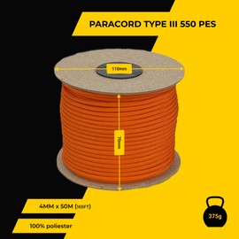 EDCX 4 mm Polyester Paracord 550 (15, 30 and 50 m) – 4 mm Type III, Tear-Resistant Parachute Cord for Survival Made of 100% Polyester with 7 Wires | Solid Colours (Carrot, 50 m)