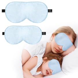 Silk Sleep Mask Eye Cover, 100% Real Natural Silk Eye Mask for Sleeping with Adjustable Strap, 100% Silk Filling Blindfold, Eye Shade for Kids/Teens/Adults, Sleeping Masks for Family (2 Blue)