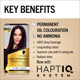 Schwarzkopf Oleo Intense Permanent Oil Colour 3-33 Rich Plum Hair Dye, 100% Grey Coverage, Conditioner With HaptIQ System, Long-Lasting Colour, Ammonia Free Hair Dye