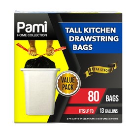 PAMI Tall 13-Gallon Kitchen Drawstring Trash Bags [80-Pack, Black] - Extra-Strong Plastic Garbage Bags- Thick Trash Can Liners For Kitchen, Bathroom & Outdoor Bins- 2ft x2ft Unscented Trash Bags