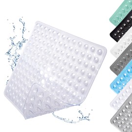 Non-Slip Shower Mat, Square Bath Mat, Non-Slip with Suction Cups, 53 x 53 cm, Machine Washable Bath Mat, for Shower, Transparent White