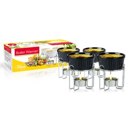 Artestia Butter Warmer Set of 4 – Large Ceramic Butter Warmers for Seafood, Fondue, Chocolate & Cheese, Stable Metal Stand, Tealight Candle Heated, Dishwasher & Microwave Safe (Black)