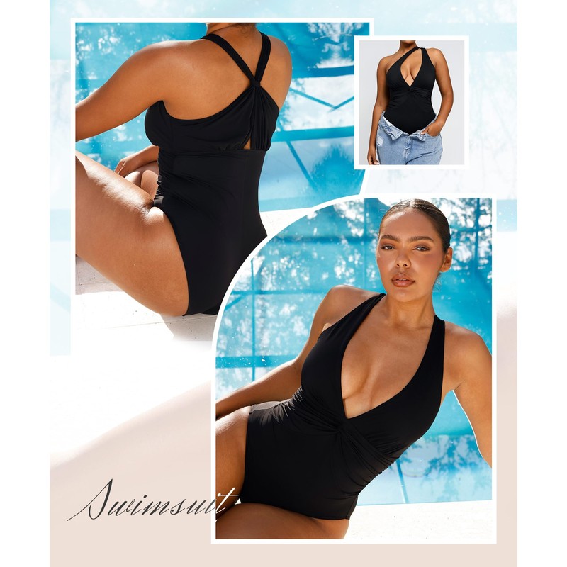 SHAPELLX Plus Size Swimsuits for Women Tummy Control V Neck