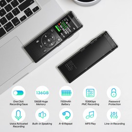 136GB Digital Voice Recorder One Click, Voice Recorder with Playback HD Recording Easy Control, Large Screen 7000 Hours Sound Audio Recorder Recording Tape for Lectures Meeting MP3 Player