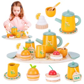 Farnirvana Children's Wooden Tea Set, Kitchen Accessories, Wooden Tea Set, Kitchen Toy, Role Play Gift for Girls, Boys, Tea Party Set, Gift for Boys and Girls from 3 Years (Yellow)