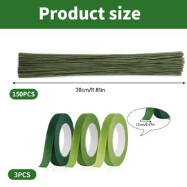 Luckwaii Floral Wire Crepe Tape, Green, Pack of 150 Plug-In Wire, Floristry Wire, Flowers Crafts with 3 Rolls Florist Tape, Paper Wire, Florist Wire, Florist Crepe for Flower Decoration, Bouquet