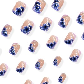 Purple Press on Nails Medium Square Nails Supply Flowers Fake Nails with Glue Purple Glossy Acrylic Nails Design Flowers Stick on Nails for Women Girls DIY Decoration 24pcs