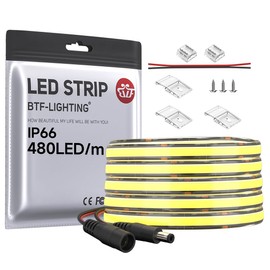 BTF-LIGHTING FCOB COB Flexible High Density Plain LED Strip Natural White 4000K DC12V 5M 480LEDs/M 9W/M 8mm Black PCB Dimmable LED IP66 Waterproof for Interior Decoration (Strip Only)