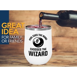 Billiards Wine Tumbler 12oz White -Pool cues - Pool Player Gifts Table Rail Balls Chalk Cue Sticks