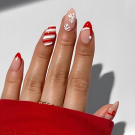 Christmas Press on Nails Medium Almond Fake Nails, Red French Press on Nails with Santa Hat Snowflake Designs Christmas Nails Full Cover False Nails Glossy Winter Glue on Nails for Women 24Pcs