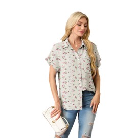 Mintreus Women’s Short Sleeve Button Down Shirts Lightweight Summer Tops with Pockets (Apricot Little Rose-M)